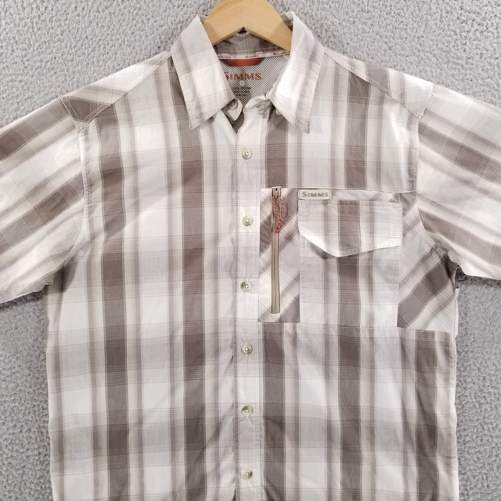 Simms Fishing Shirt Mens Small Plaid Outdoor Hiking Camping Vented Utility